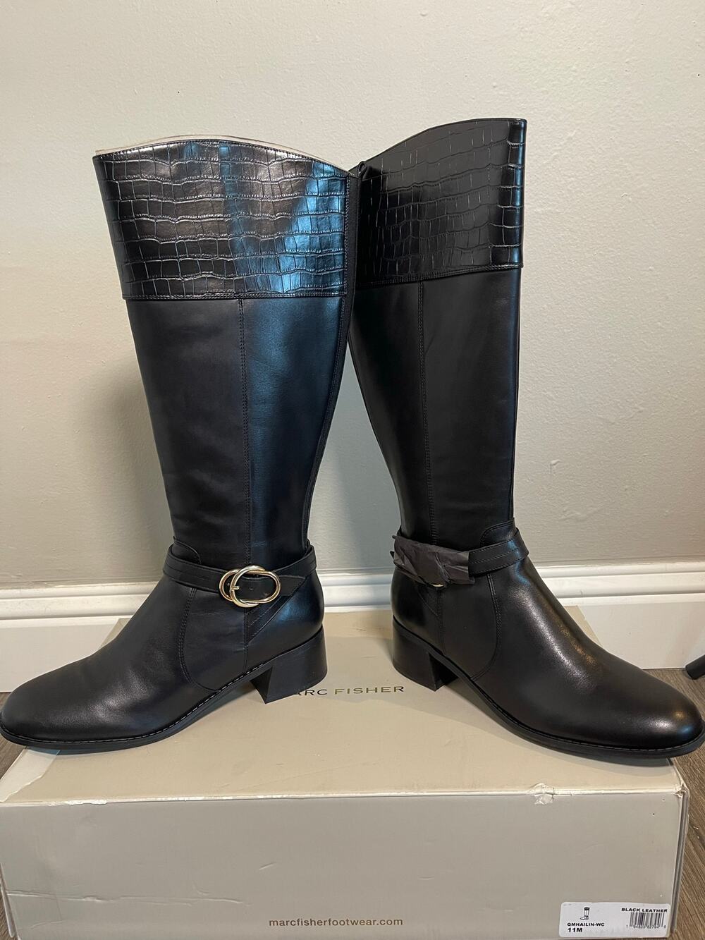 Marc Fisher Hailin Black Leather Knee High Riding Boots Women Sz 11M Wide Calf